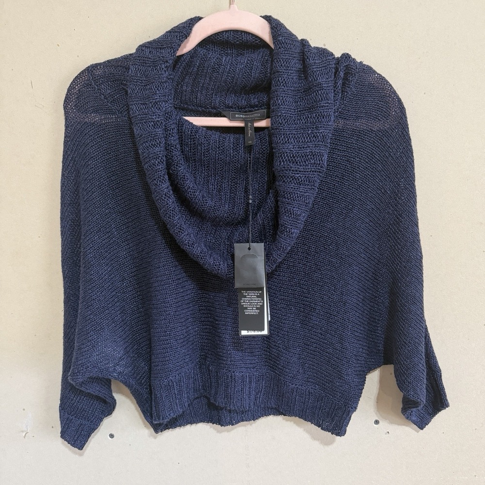 NWT BCBGMAXAZRIA Navy Linen Blend Cowl Neck Batwing Cropped Sweater XS $178
